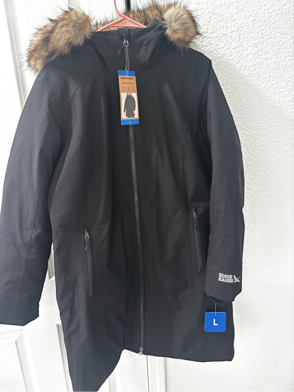 Eddie Bauer Black Men’s Hooded Puffer Coat with Faux Fur Trim